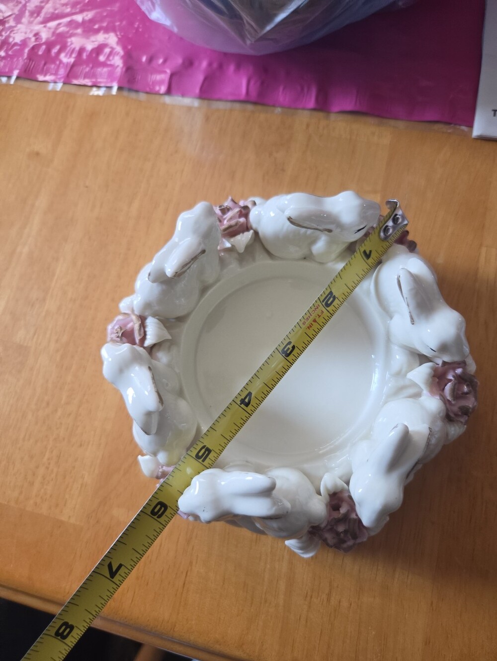 Vintage Cream Ceramic Large Candleholder Rabbits In A Circle W/Pink Rose Easter - Picture 5 of 6